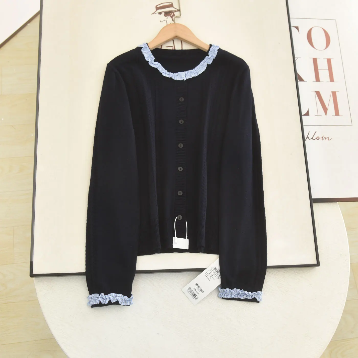 Sweet Preppy Navy Knit Cardigan For Women Gingham Ruffle Trim Neckline Long Sleeve Ribbed Cropped Soft French Casual Knitted Top