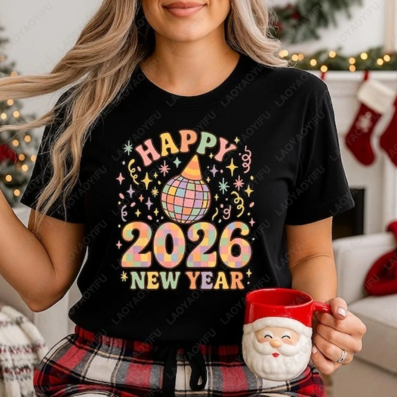 

Happy New Year 2026 Shirt New Year Party Disco Ball Unisex Adult Cotton TShirt Festive Celebration Shirt Gold Glitter Casual Tee