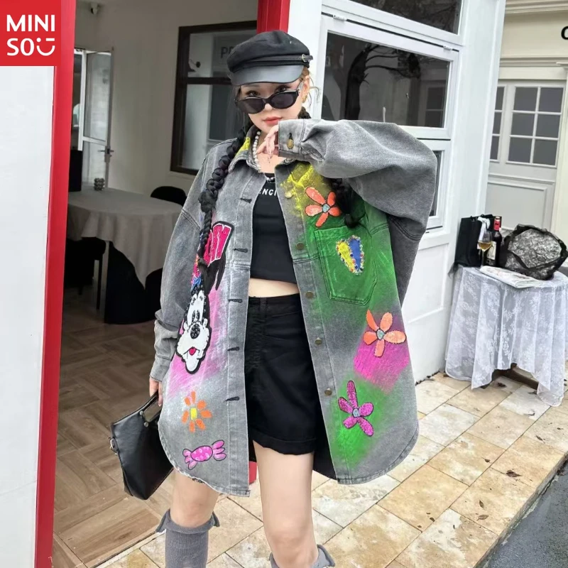 

Disney 2025 Denim Jacket, Beaded Graffiti Coat, Oversized Long Spring Cartoon Jacket