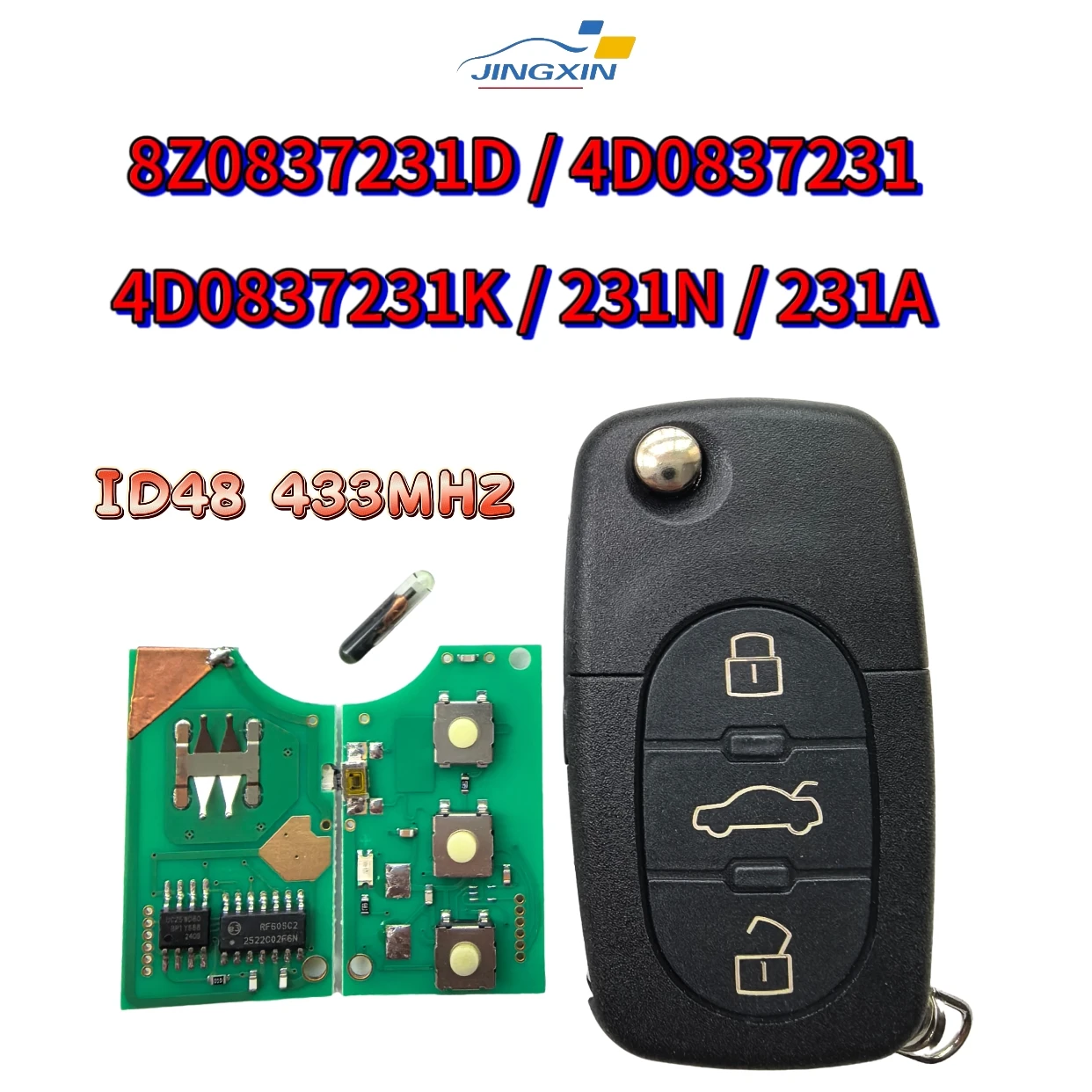 

4D0837231/A/K/N 8Z0837231D 433Mhz 3Button ID48 Chip Key Fob Car Remote Flip Key for Audi A3 A4 A6 A8 TT RS4 Quattro 1994-2004