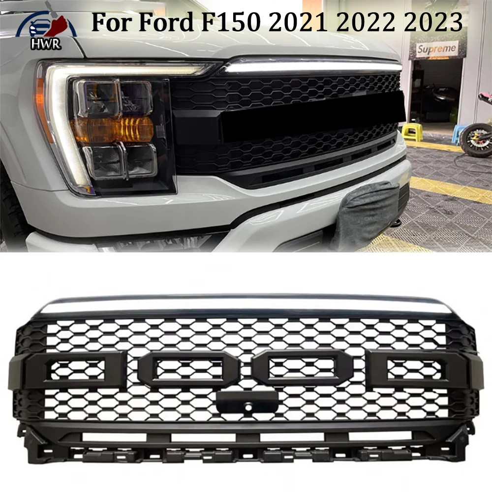 

front Air Grille With Flow LED Light For Ford F150 2021 2022 2023 Raptor Style ABS Car Guard Grid Replace Original Grille