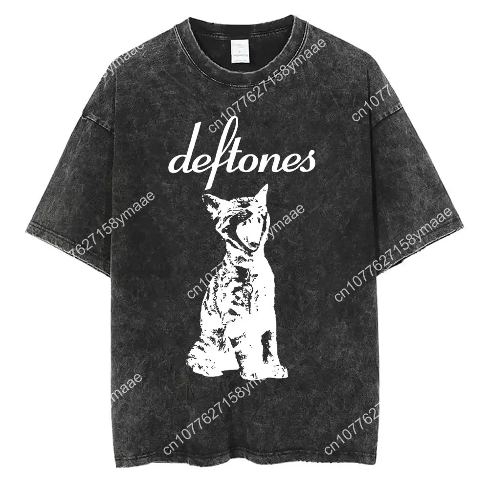 Washed Vintage Rock Band Deftones Cat Funny Meme T-shirts Men Women Alternative Heavy Metal T-shirt Men Women's Casual Oversized