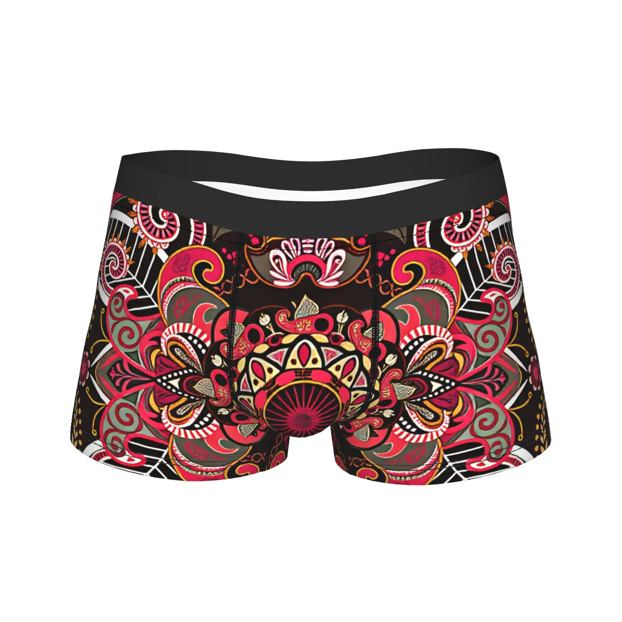 Red Black Boho Floral Symmetric Underwear  Men Underpants Pattern Breathable Boxershorts Quality Boxer Brief Plus Size