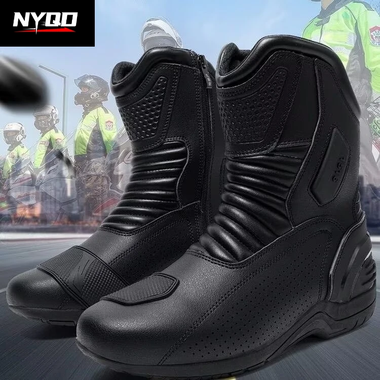 

Motorcycle Boots with Hole Men Waterproof Leather Anti-Slip Sole Urban Commuter Riding Shoes Casual Breathable Biker Footwear