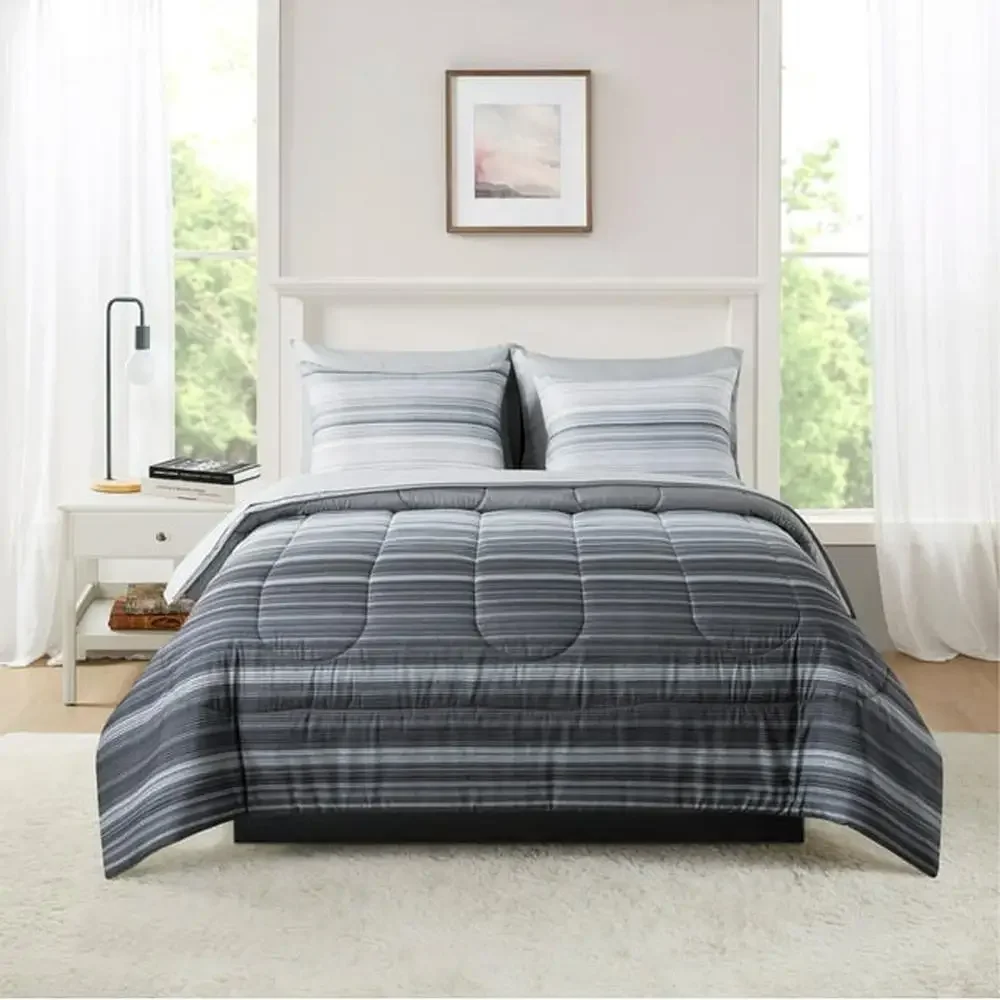 

Grey Ombre Stripe Bedding Set Comforter Pillow Shams Sheets Storage Bag Polyester Washable Queen King Twin Full Soft Reversible