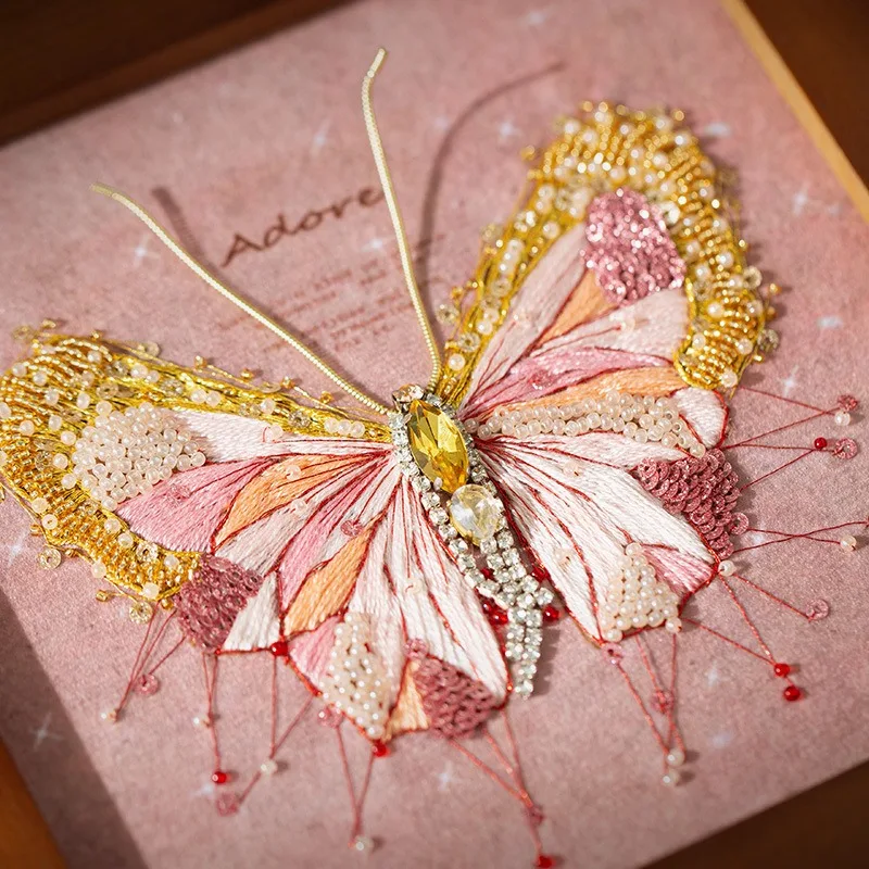 European Three-dimensional Embroidery DIY Material Bag Pink Butterfly Photo Frame Painting Home Table Decoration Couple Gift