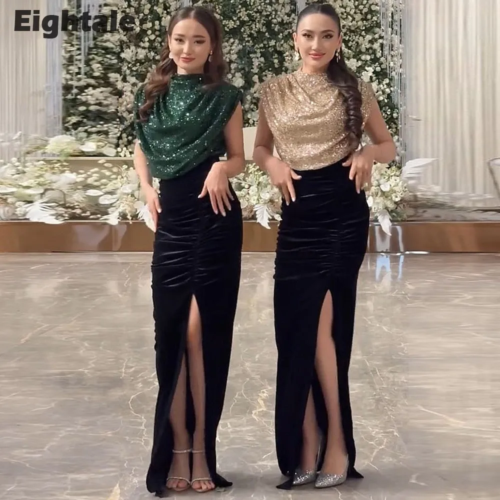 Eightale New Evening Dress Saudi Arabic Sequin Top Velvet Side Slit Customized Mermaid Wedding Prom Party Gown Robe De Soiree