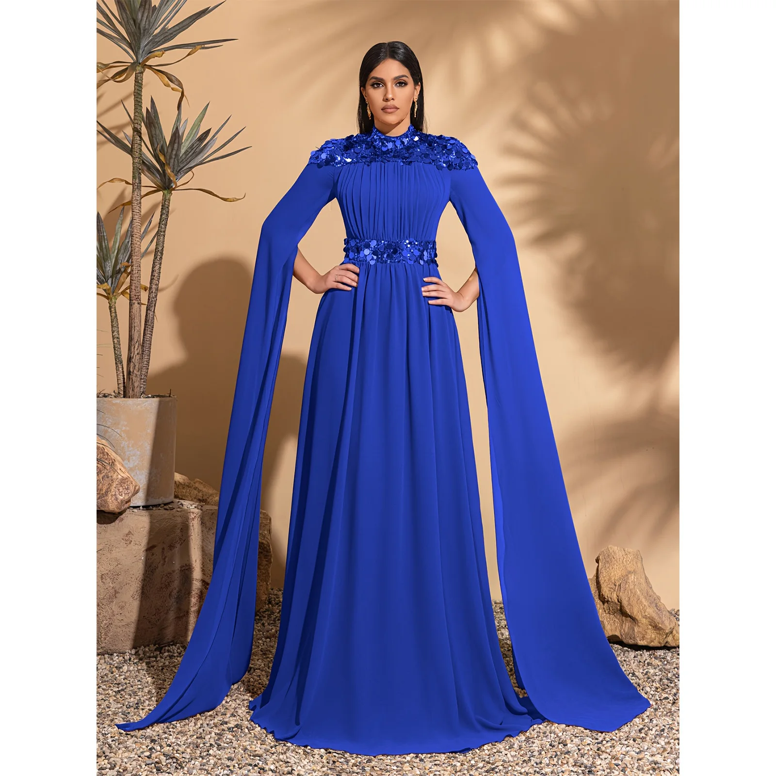 

Chiffon sequins stitching, small stand-up collar and super long sleeves dress, elegant and chic dress, long skirt for women