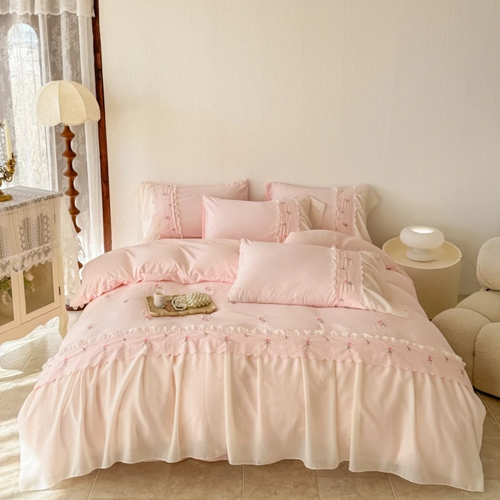 

Ins Princess Style Bedding Sets Ruffle Lace Bow Quilt Cover Romantic Bedclothes Decor Woman Girls Bedroom Duvet Cover 4pcs