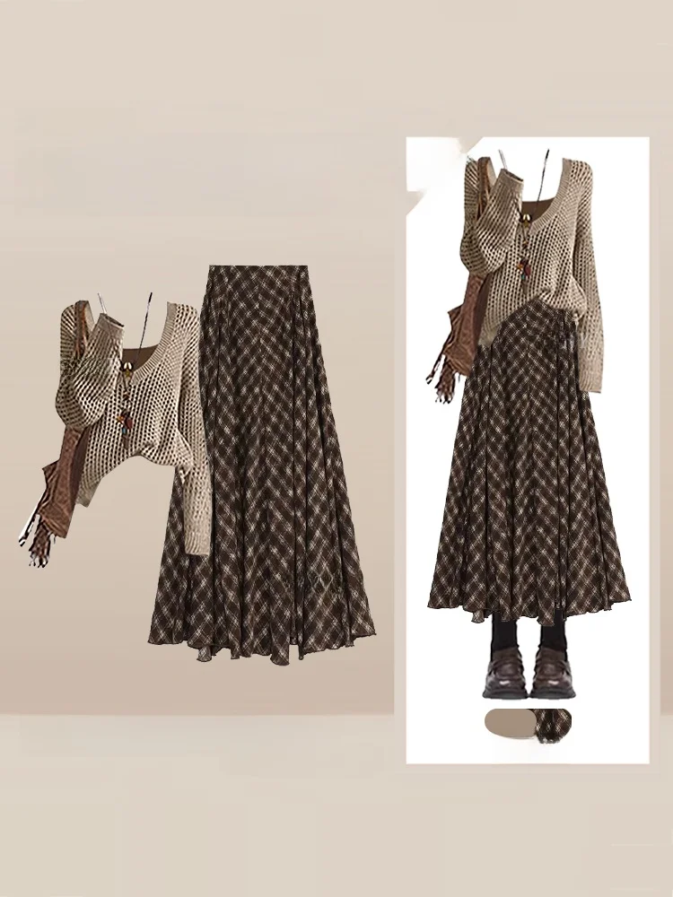 

Ранняя осень, вязаный ажурный кардиган с цветочным принтом, кофейный цвет, женская юбка с ремешком, комплект из футболки, повседневный комплект с длинным светом V Ne