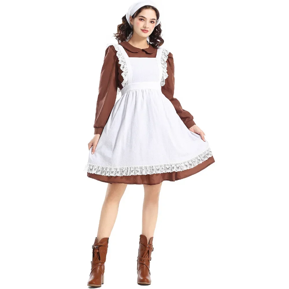 

Halloween Adult Women French Manor Maid Cosplay Costumes Brown Retro Doll Collar Maid Dress Carnival Festival Party Dress Up New