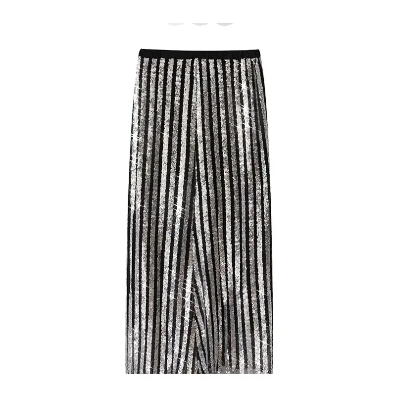 Sparkle Shiny Skirt Elastic High Waist Heavy Industry Sequined Striped Midi Skirts Celebrity Style Light Luxury Clothing