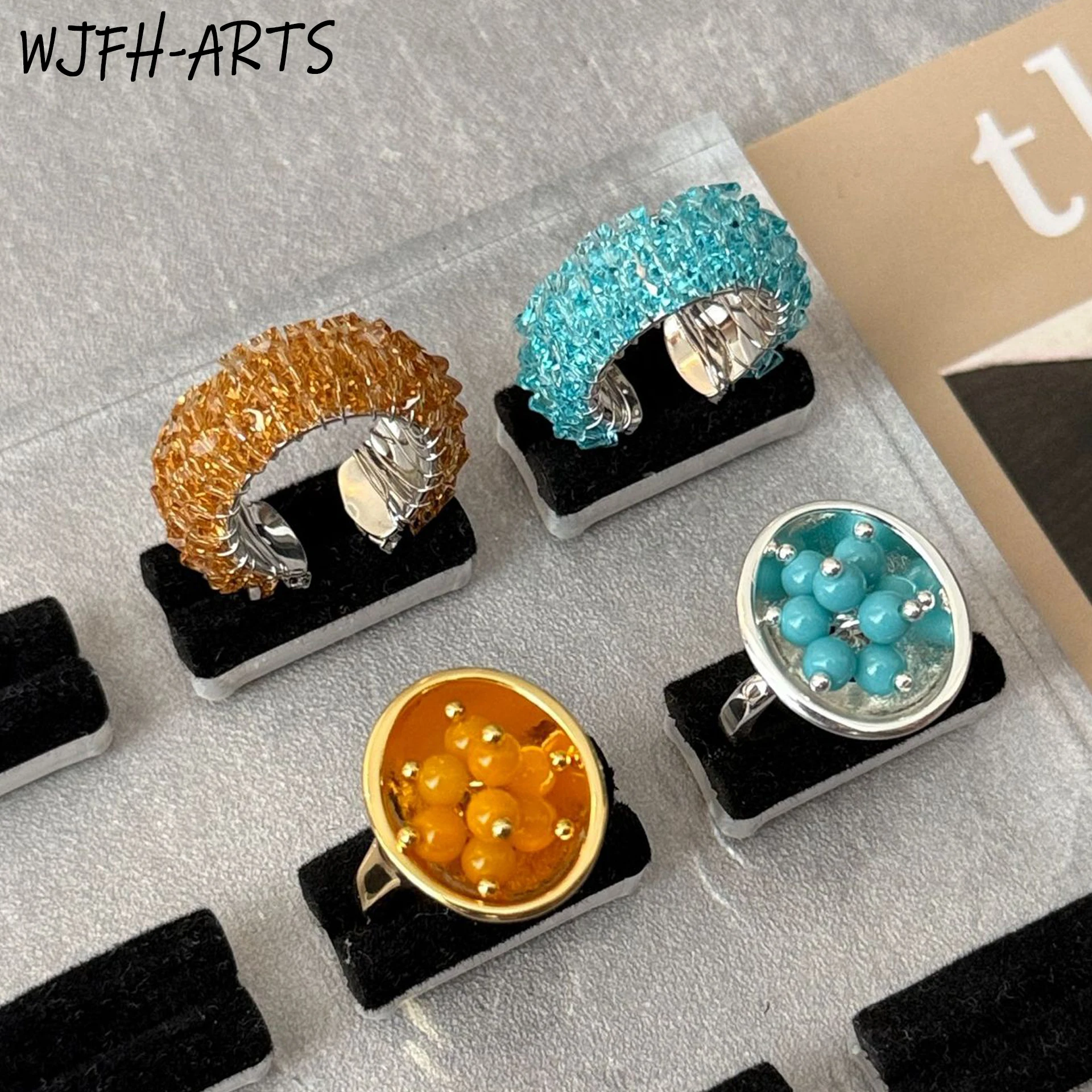 WJFH-ARTS Creative Irregular Crystal Inlay Colored Beads Treasure Bowl Design Open Ring Women New Trend Influencers Jewelry Gift