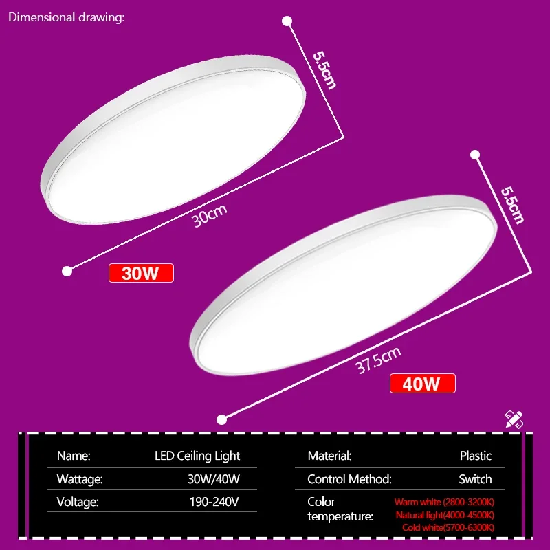 Imagem -02 - Rxmax-luz de Teto Redonda Ultra Fina Led 220v Branco Neutro Fresco Quente Lâmpada Interior Luz de Quarto 30w 40w