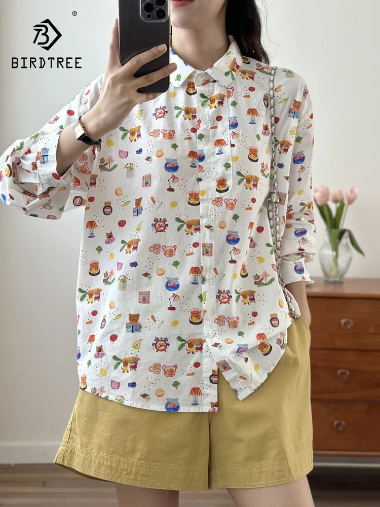 

New 2025 Autumn Cotton Long Sleeve Shirt, Women Turn-down Collar Cartoon Print, Mori Girl Sweet Casual Loose Blouse T58430CC