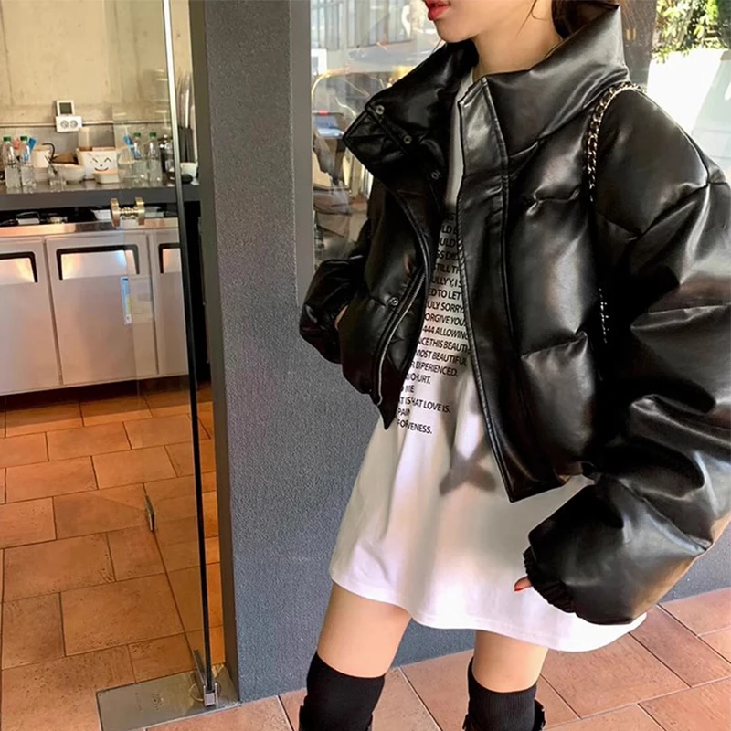 Chic Winter Vintage Stand Collar Bla Matte PU Leather Bread Coat Loose Warm ort Cotton Jaet Women's Faion Commute