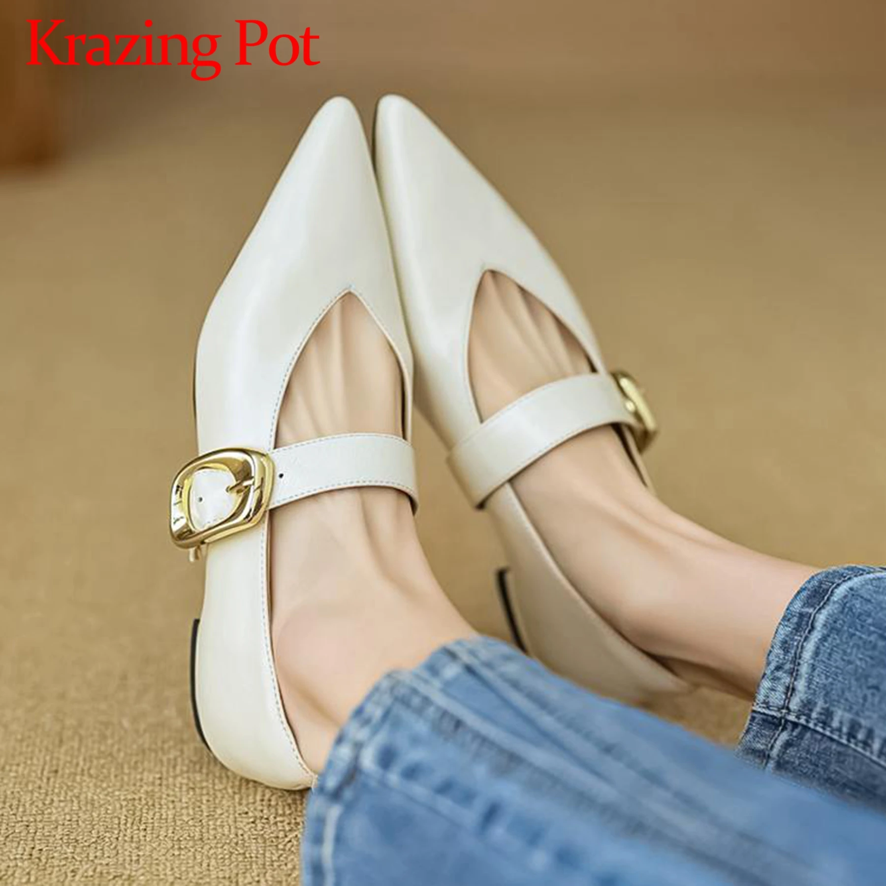 

Krazing Pot 2024 Sheep Leather Metal Buckle Straps Retro Low Heels Summer Office Lady Fashion Pointed Toe Mary Janes Women Pumps