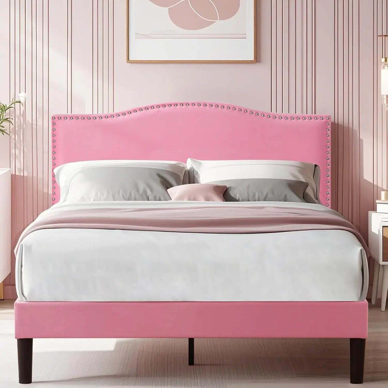 

Upholstered Headboard, Strong Frame and Wooden Slats Support, Strong Weight Capacity, Non-Slip and Noise-Free, Easy Assembly