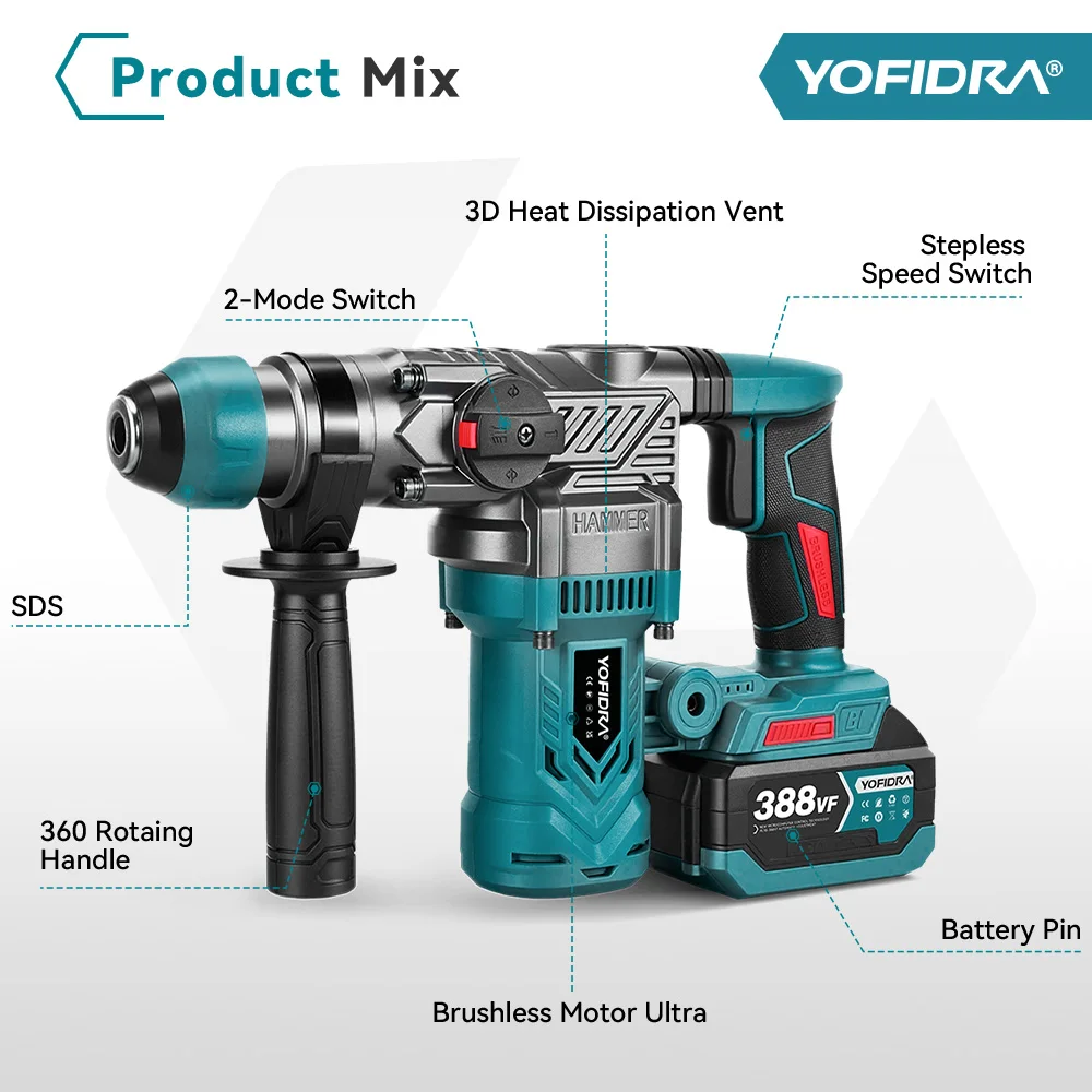 YOFIDRA Multifunktionaler 26MM Bürstenloser Elektrischer Schlagbohrer, Kabelloser Rotations-Schlagbohrer für Makita 21V Akku – Detail 5