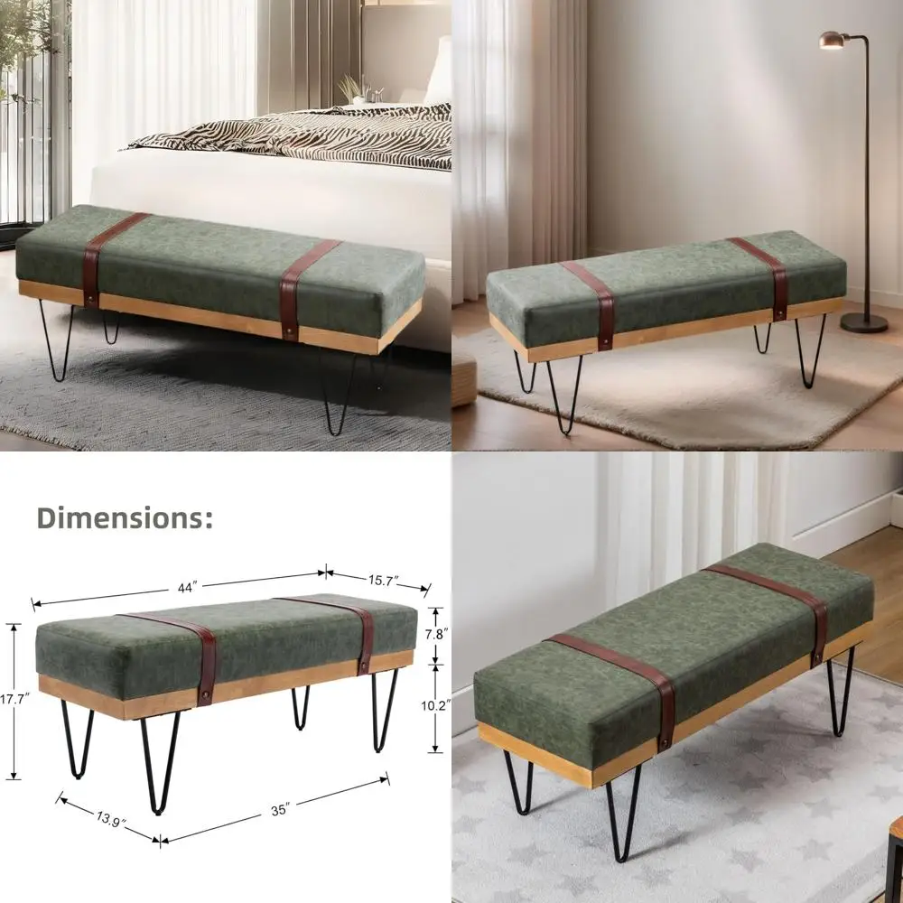 Moderne Aufbewahrungsbank aus Kunstleder mit Haarnadelbeinen für den Eingangsbereich und im Industriestil