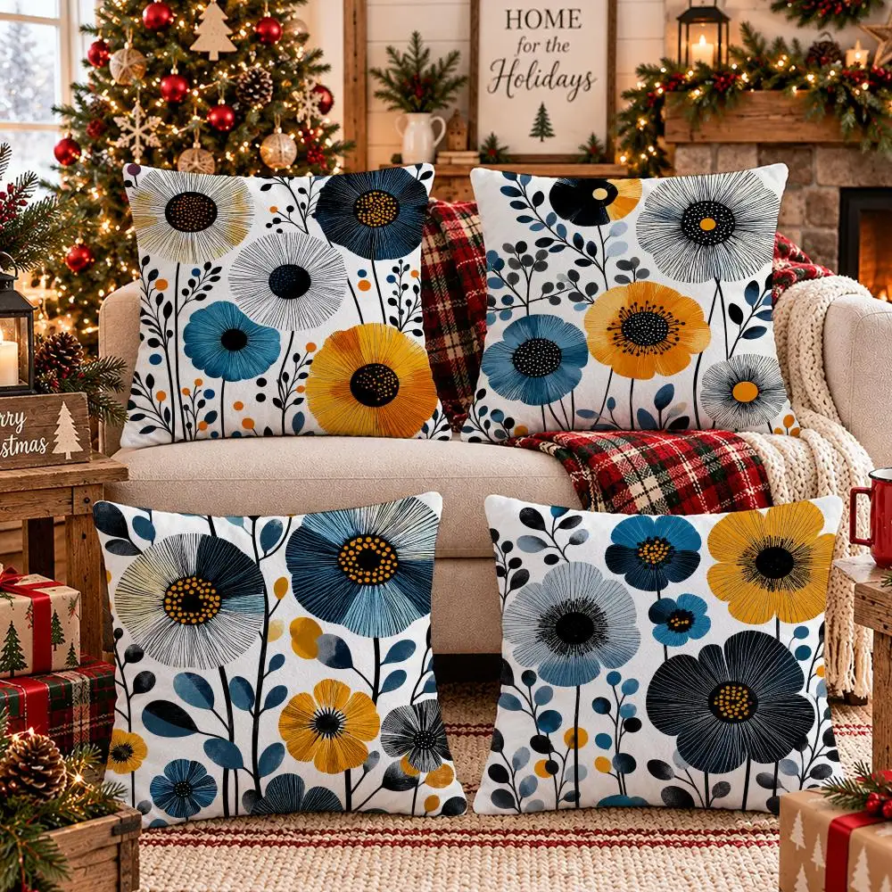 Navy Ochre Linework Florals Cushion Cover Soft Short Plush Pillow Cover Smooth Cozy Texture Cushion Case Home Decor