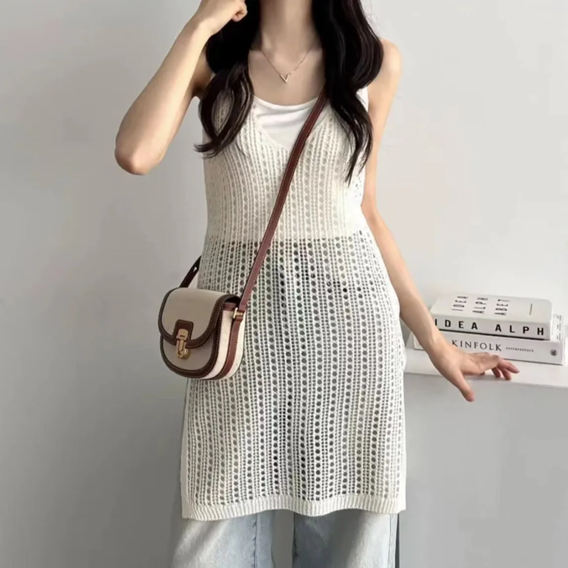 

Women's Loose Knitted Vest Hollow out Design Side Split Mid-Length Layering Top Korean Sle Comfortable Breathable Summer