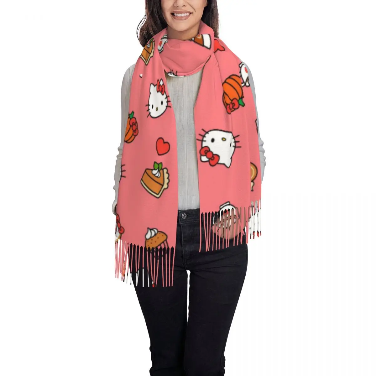 Bufanda de mujer con borla lindo dibujos animados Hello Kitty largo invierno cálido chal abrigo uso diario bufanda de cachemira