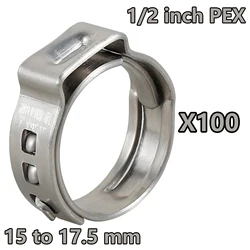 100PCS/Set Single Ear Hose Clamps 15 to 17.5 mm Stainless Steel 1/2 inch Pex Crimp Rings for Securing Pipe Hoses Automotive Use
