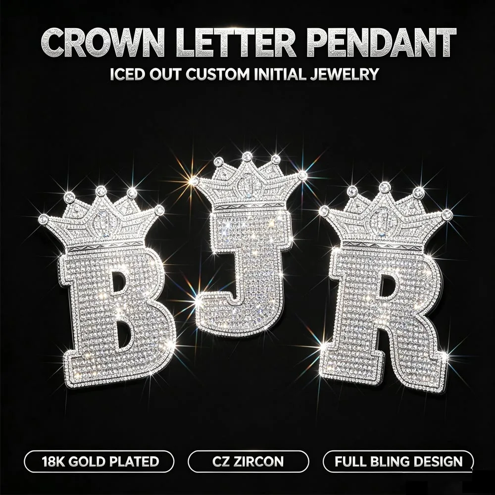 Colgante de letra inicial con corona estilo Hip Hop, con incrustaciones de circonitas (CZ) brillantes, joyería de rapero, letras del alfabeto J B R, joyería fina, regalos para hombres, novios, para cumpleaños, aniversarios, fiestas, estilo urbano, accesorio para collar de cadena cubana Miami gruesa, chapado en oro de 18K