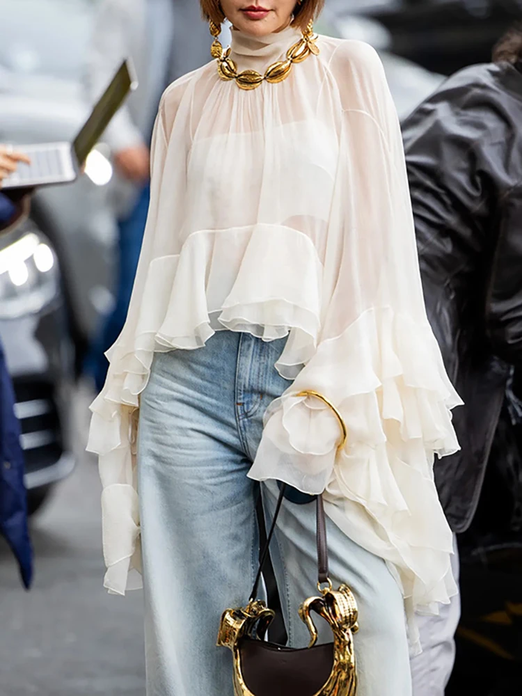 

Summer women's long sleeved casual style polyester material 2025 new fashionable semi high neck trumpet sleeve top