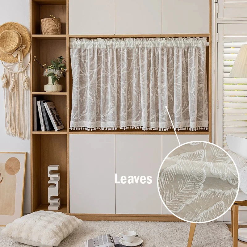 American Elegant Leaf Flocked Short Sheer Curtain with White Hairball Lace For Kitchen Wardrobe Door Small Window Home Decor