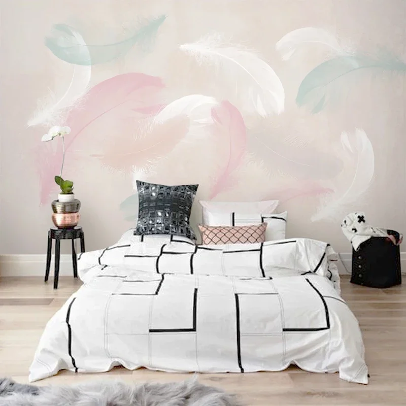 Tela de pared personalizada de cualquier tamaño, murales pequeños y frescos de ensueño con plumas nórdicas, tela de pared impermeable, papel de pared de fondo para sofá y sala de estar