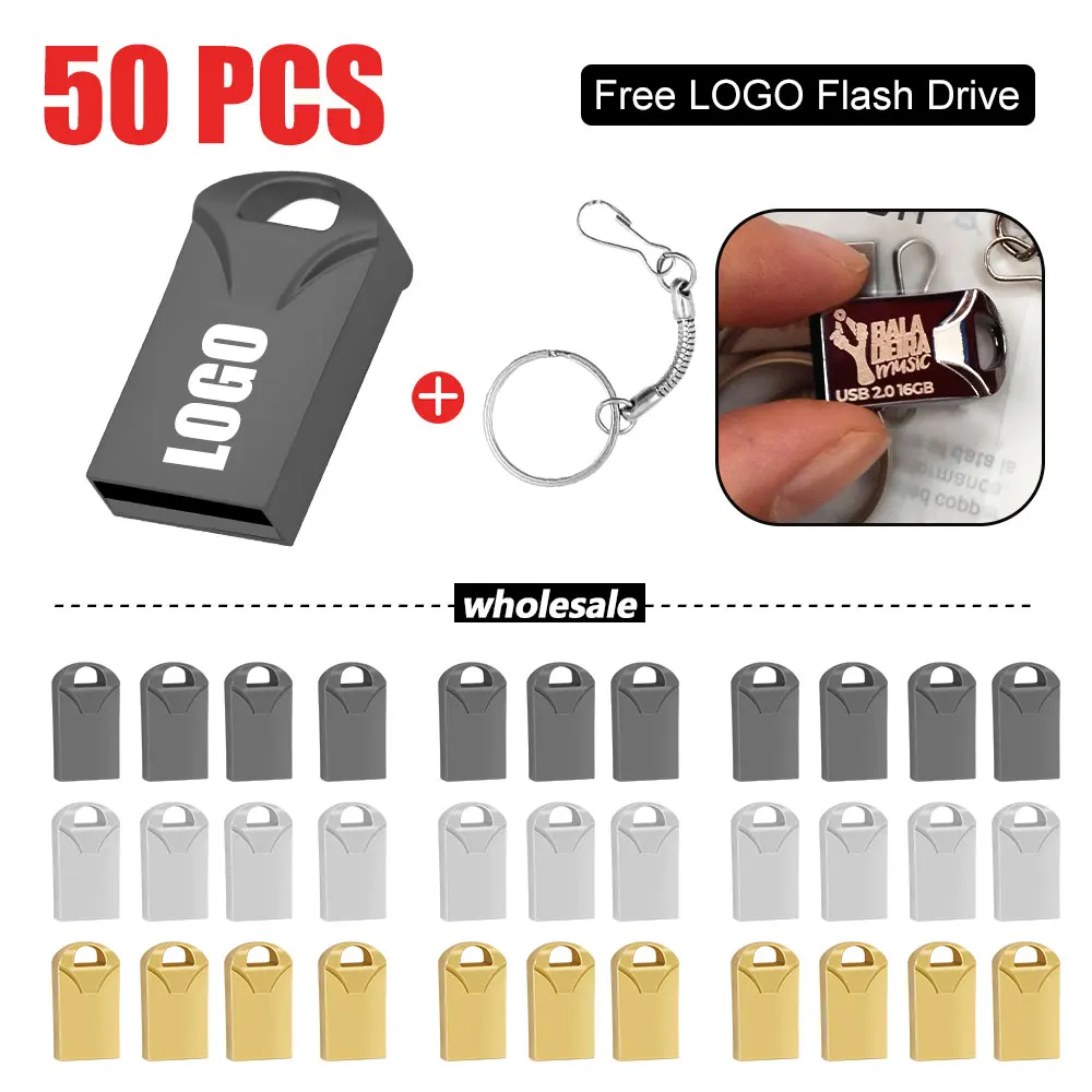 

50pcs/lot mini Pendrive Usb 2.0 Flash Drive 4GB 8GB 16GB 32GB 64GB Metal Flash memory Stick Pen drive Usb Stick Free Gift Ring