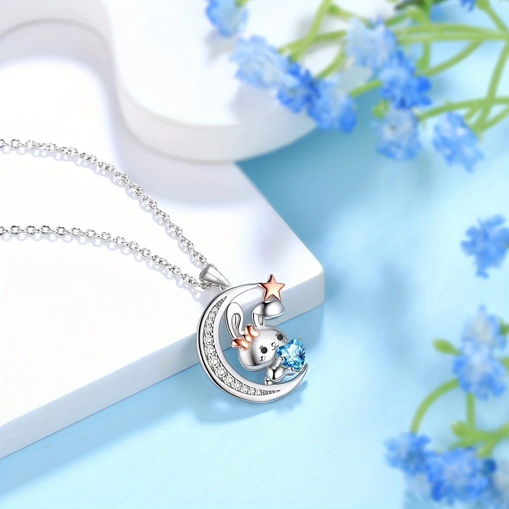Creative Crescent Blue Crystal Rabbit Pendant Necklace for Women Cute Cartoon Animal Jewelry Fashion Party Birthday Love Gifts