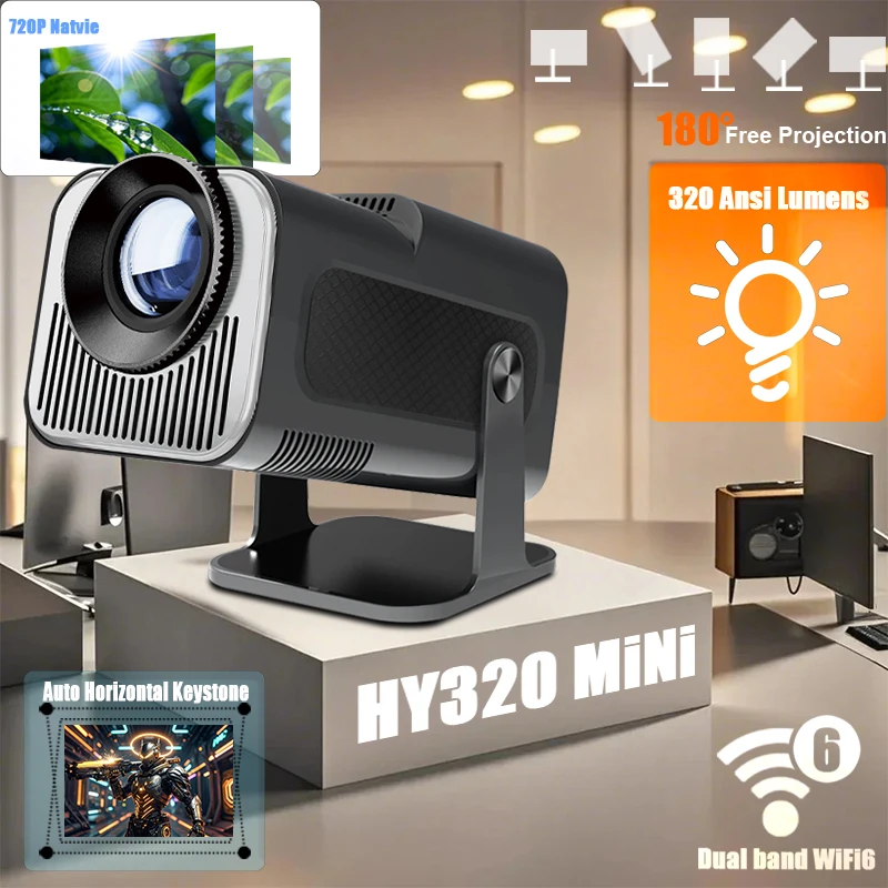 HY-320Mini Portable nouvellement natif 720P Allwinner H713 Android11 4K projecteur 320ANSI Wifi6 BT5.0 cinéma projecteur rotatif extérieur
