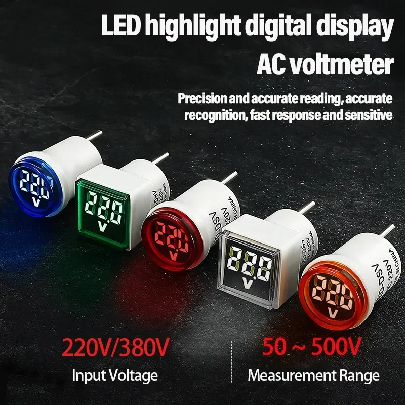 EU Plug LED Digital Voltmeter Ammeter AC 220V 50-500V Square Round Head Voltage Indicator Signal Light Dustproof Seat Tester