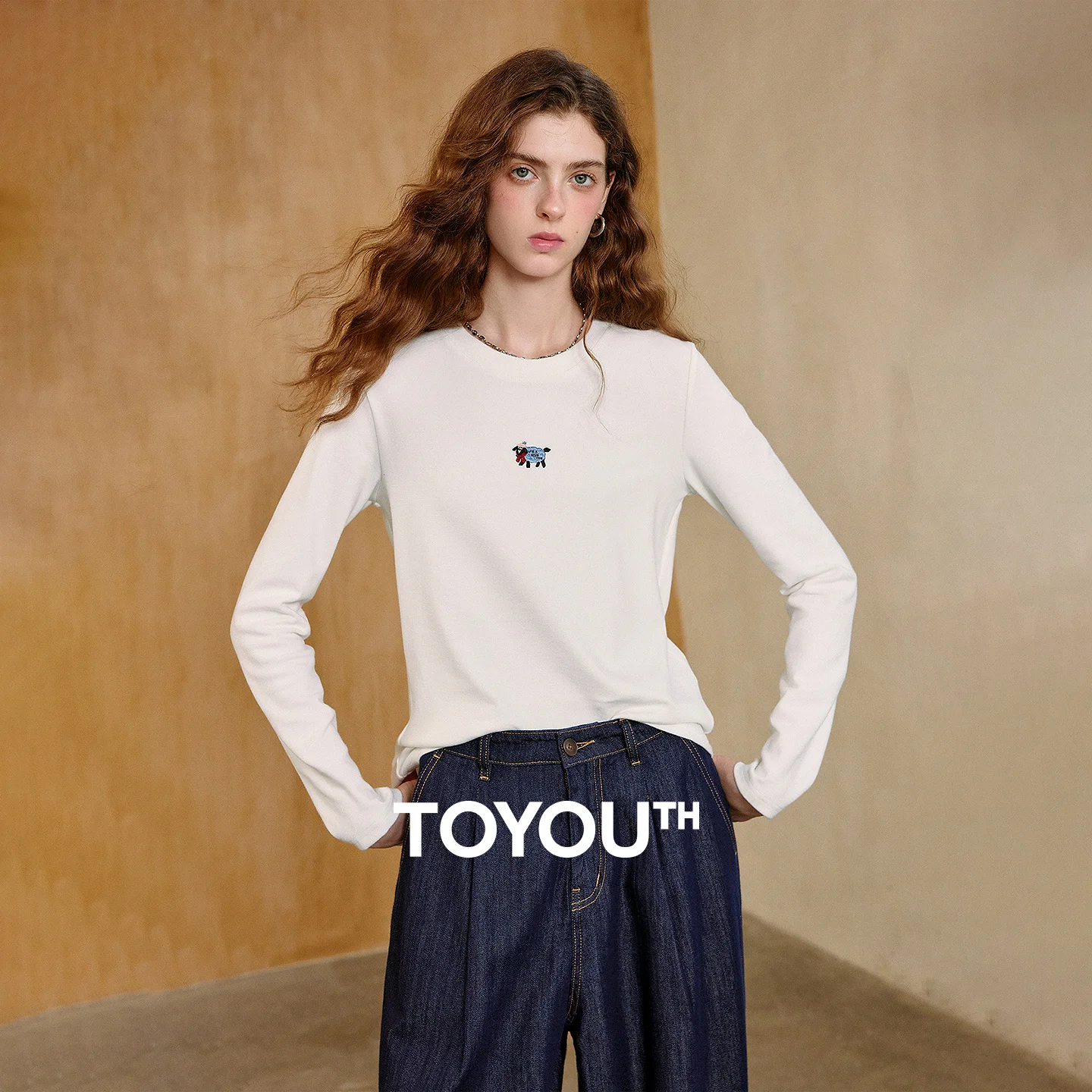 TOYOUTH Women's T Shirt 2026 Fall New Arrival Cute Lamb Embroidery Regular Shoulder Slim Fit Multi Color Crew Neck Layering Top