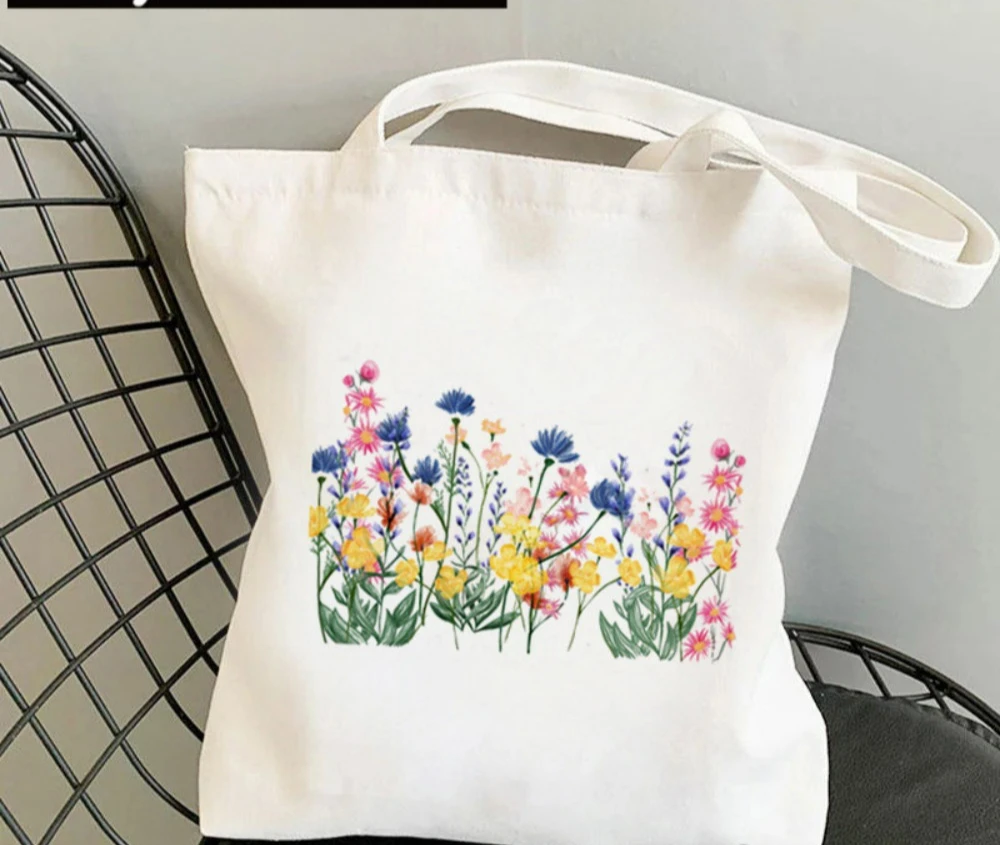 

Timeless Grass and Floral Print Canvas Tote Bag Trendy Functional Bag Ideal for Commuting Shopping Carrying Daily Necessities