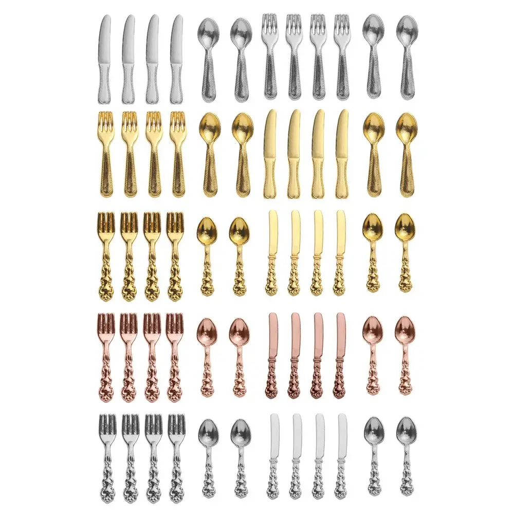 12PCS Gold Silver 1:12 Scale Simulation Toy Dollhouse Furniture Mini Cutlery Doll Accessory Fork Knife Spoon Miniature Cookware