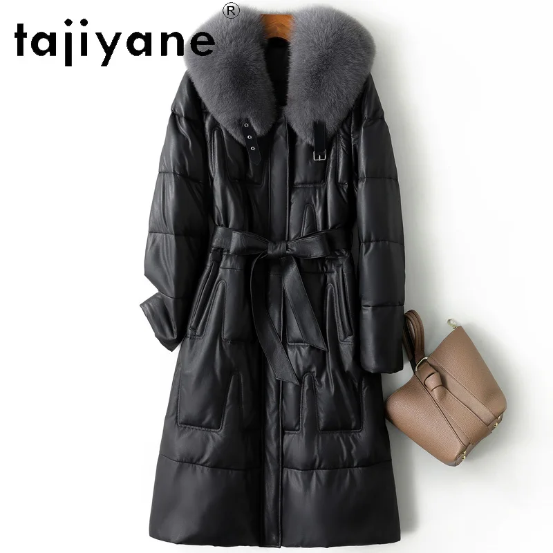 TAJIYANE الأبيض أوزة أسفل الجلد الحقيقي سترة منفوخة النساء 100% جلد الغنم طويل أسفل معاطف الثعلب الفراء طوق الملابس الشتوية 2025