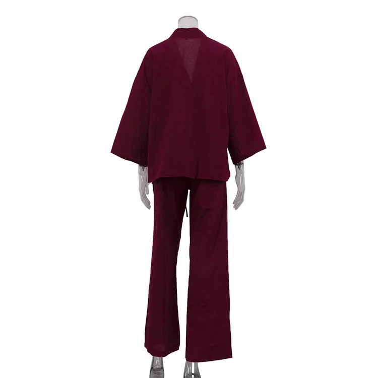 2026 Summer Lady Casual Streetwear Brown Cotton Linen Suit For Women Chic Full Sleeves V-neck Lace-up Cardigan Loose Pants Set
