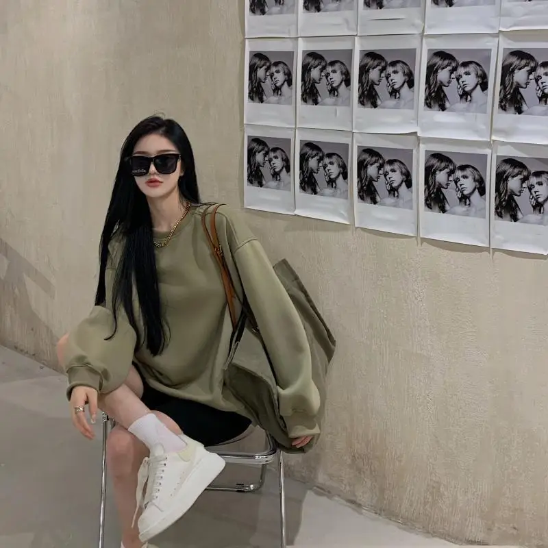 Suéter de mujer estilo otoño manga larga suelto verde cuello redondo Top mujer