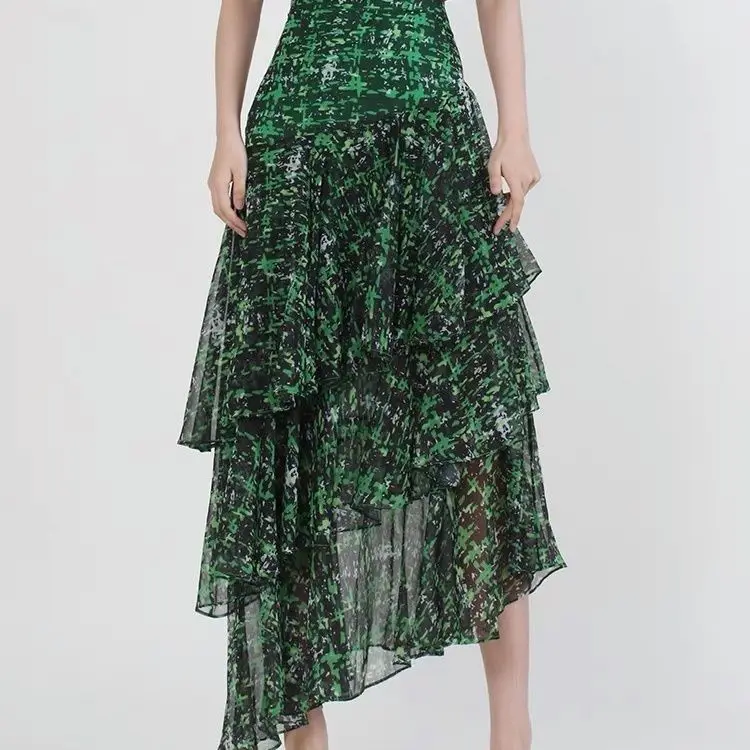 

2024 summer new green chiffon half skirt for women, high waisted long skirt, irregular and super fairy beach vacation skirt