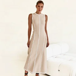 2024 Spring Summer New Women Clothing Knitted Long Skirt Simple Round Neck Sleeveless Female Vestidos