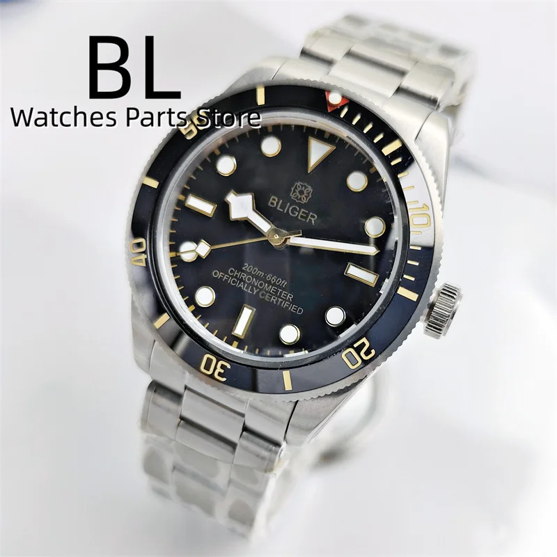 BLIGER 39mm Vintage Watch For Men NH35 Reloj Hombre With Domed Sapphire Glass Black Dial Gold Indices Snowflake Hands Waterproof