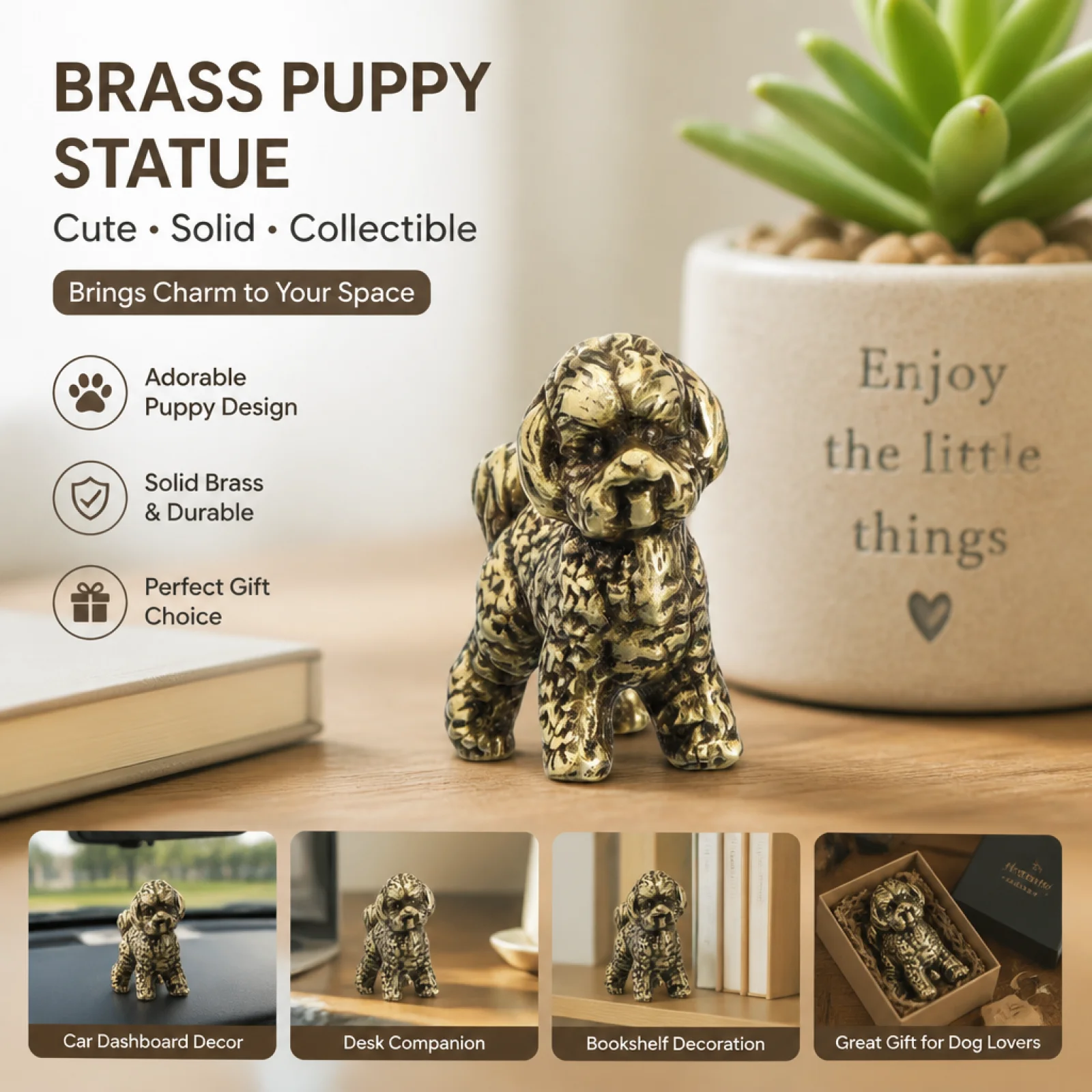 Miniature Stuffed Dog Ornament Collectible Solid Brass Dog Figurine Cute Brass Poodle Statue for Collectors, Desk, Car Dashboard
