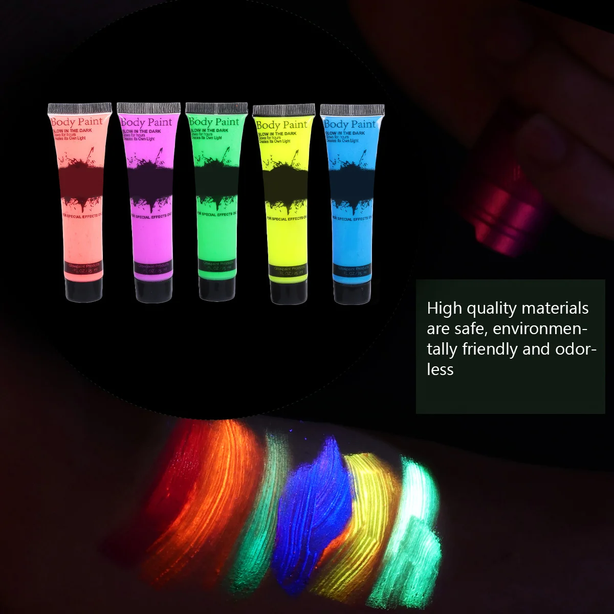 5 szt. Fluorescencyjnych farb do ciała, bezpieczne farby do twarzy, zmywalne neonowe makijaże, farby do ciała reagujące na promieniowanie UV na imprezy, festiwale, sesje zdjęciowe i wieczorne wyjścia.