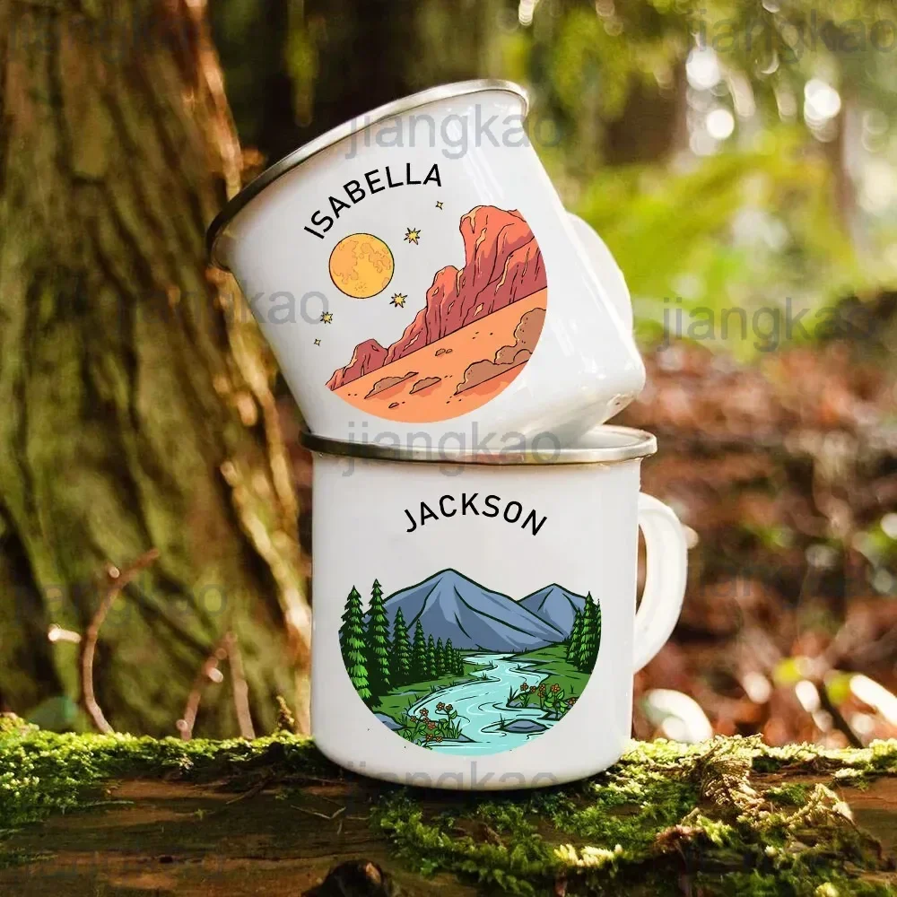 

Personalised Camper Mugs Custom Name Camping Enamel Mug Adventure Campfire Party Beer Coffee Cup Handle Cups Gifts for Camper