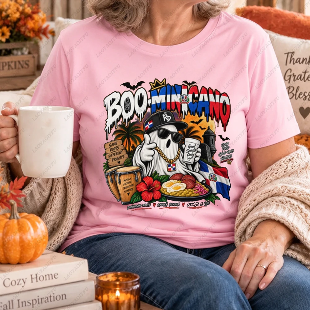 Boo Minicano Dominican Republic Cool Ghost Graphic Women Casual Short Sleeve T-Shirt Funny Spooky Latin Pride Gift Crewneck