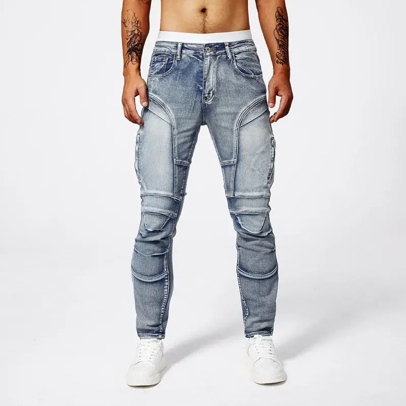 Two tone distressed patchwork jeans for men trendy jeans for summer thin straight leg pants slim fit small leg distressed jeans